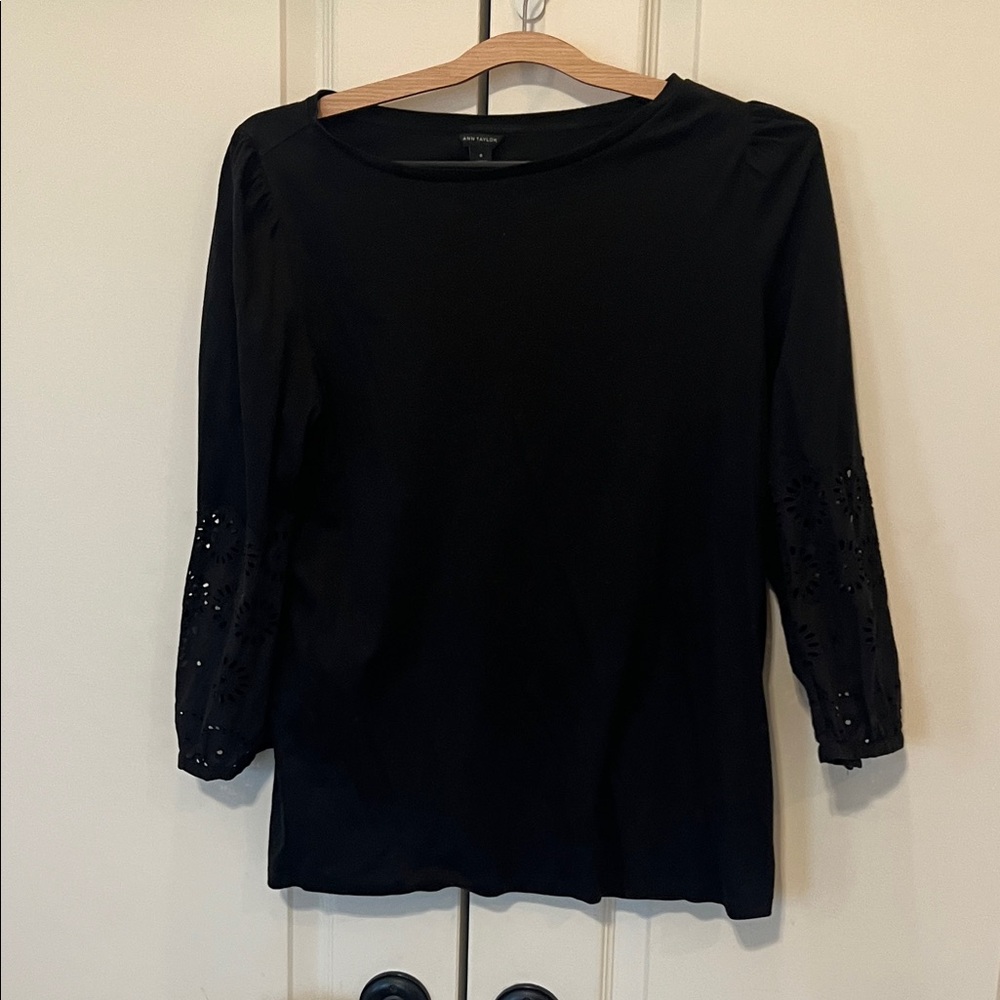 Ann Taylor Black Long Sleeve Top with Eyelet Detail